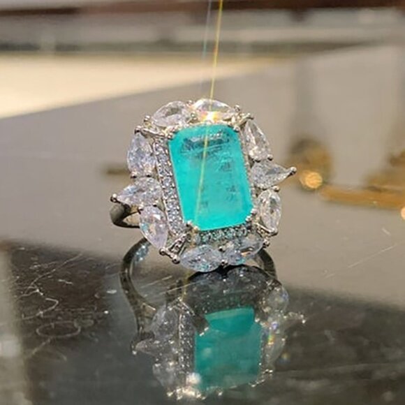 🍂  925 Silver Exclusive Blue Emerald Cut Cubic Zirconia Ring, FB16FA1064 - Picture 3 of 7